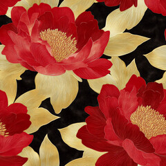 A seamless peony pattern with rich red and gold petals symbolizing wealth
