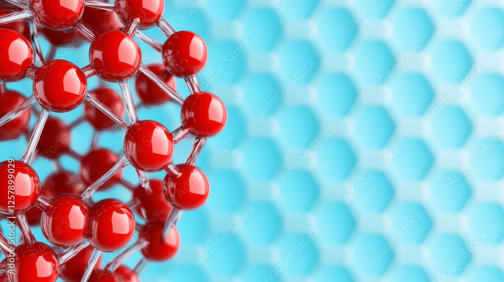 Poster close up view of a complex network of red spheres connected by thin silver lines, creating a 3d mole