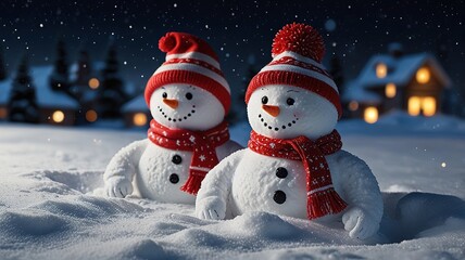 Fototapeta premium Snowmans on soft snow blue background