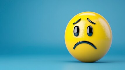 Fototapeta premium 3d rendering of a yellow sad emoji, round shape with glossy surface, dark colored eyes, and a downcast expression. Blue background, studio lighting