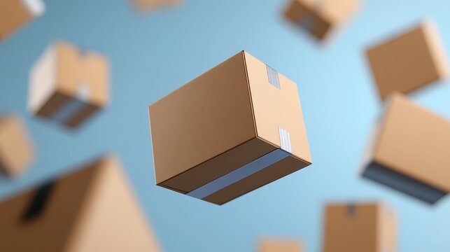 3d render of light beige cardboard box in the air, surrounded by other similar boxes, soft light, light blue background, pixelated style, product