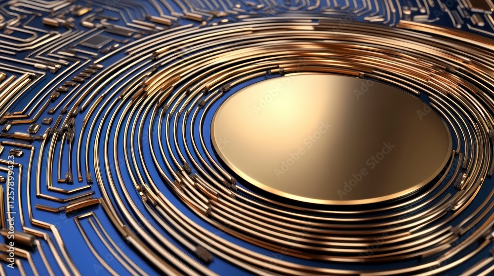 Poster close up view of a complex circuit board pattern, featuring concentric gold circular elements on a d