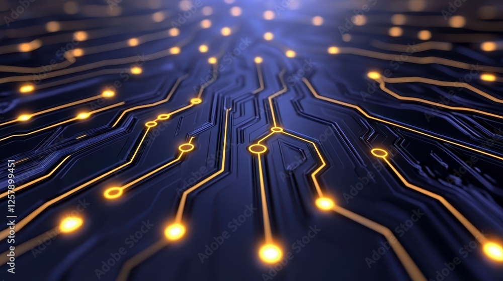 Poster abstract circuit board pattern with golden glowing connections on a dark navy background. the image 