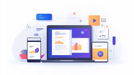 Laptop, phone, tablet displaying data; online marketing, white background