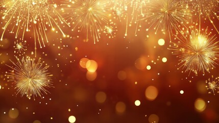 Fototapeta premium Festive Chinese background. New Year asian backdrop with gold fireworks. Red vector holiday banner