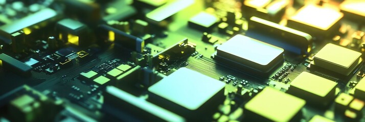Abstract Close-up of Circuit Board with Green and Yellow Hues