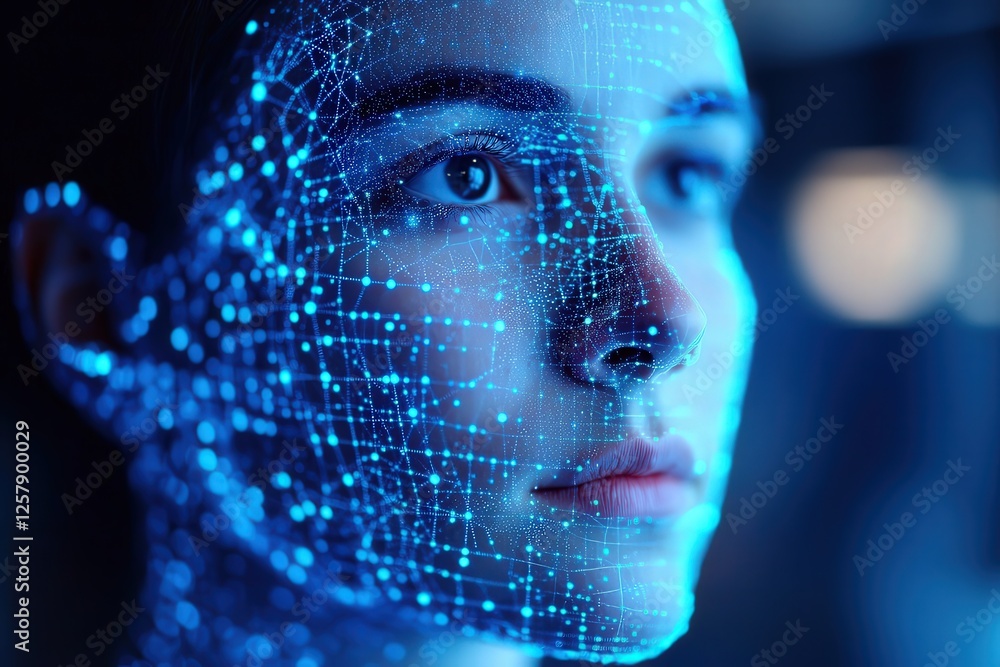 Poster ai-powered facial recognition unmasking deepfakes digital environment technology close-up innovative