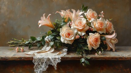 Peach roses and lilies bouquet, rustic table, still life painting, wedding decor