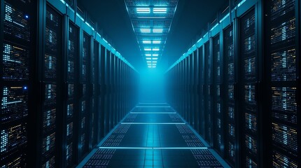 Futuristic Data Center | High-Tech Server Room with Digital Connectivity | background image for cybersecurity articles, visual representation for data storage solutions, promotional material for IT