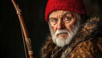 Portrait of a seasoned hunter, his weathered face a testament to years spent in the wilderness.