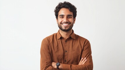 Obraz premium An Indian man exudes confidence while standing with his arms crossed, dressed in a stylish shirt that highlights his fashion sense. His warm smile reflects a vibrant personality