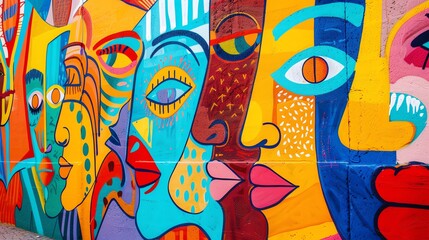 Obraz premium A colorful mural of four women's faces on a brick wall.