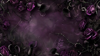 A purple and black floral background with roses and vines.