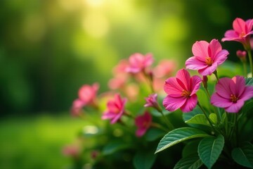 Obraz premium Pink flowers sway gently in the breeze against a lush green backdrop, garden, leaves, pink flowers