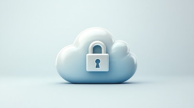 Abstract illustration of cloud security services, stylized cloud icon integrated with a secure padlock symbol, representing data protection and cybersecurity in cloud computing environments.