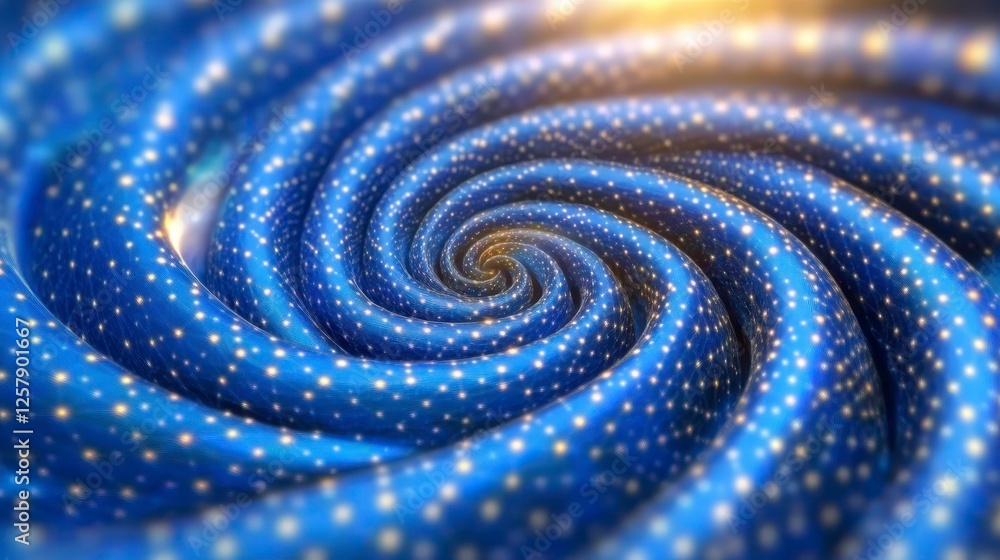 Poster close up view of a swirling abstract design, featuring a deep blue material with a multitude of tiny