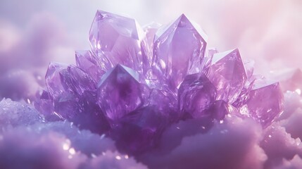 Fototapeta premium Glowing Amethyst Crystals Resting Softly on Sparkling Snow. AI Generated