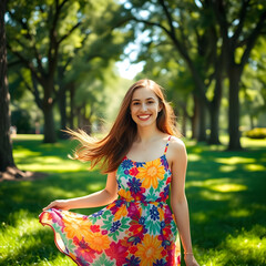 A cheerful young woman with long brown hair, wearing a colorful dress, standing in a sunny park with a big smile on her face.