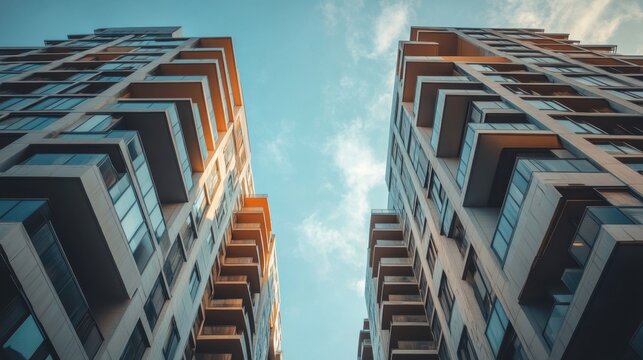 Real estate towers in Los Angeles, high-end apartment buildings with modern architecture and city views
