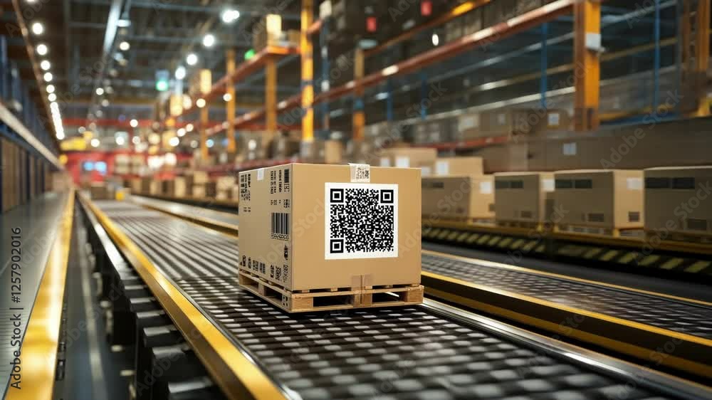 Poster transporting a cardboard box with a qr code on an automated conveyor belt within a modern warehouse,