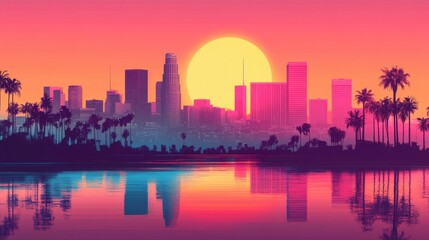 Fototapeta premium Retro-style Los Angeles skyline, faded vintage tones, nostalgic 80s aesthetic