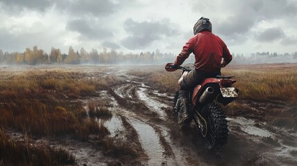 Obraz premium Rider on a dirt bike driving through a muddy field on a cloudy day.