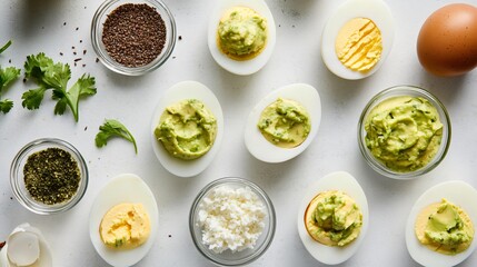 A deconstructed version of avocado deviled eggs, with ingredients spread artistically on a matte white surface