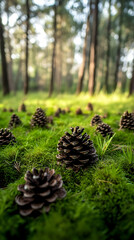 Pine cones on mossy forest floor