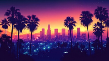 Obraz premium Silhouetted palm trees against a neon-lit Los Angeles skyline, futuristic city vibes
