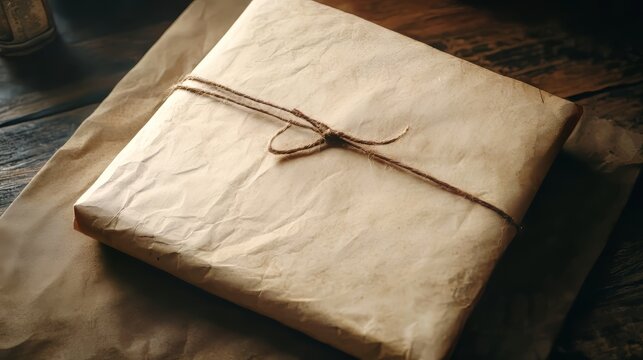 Wrapped package with brown twine on wood surface