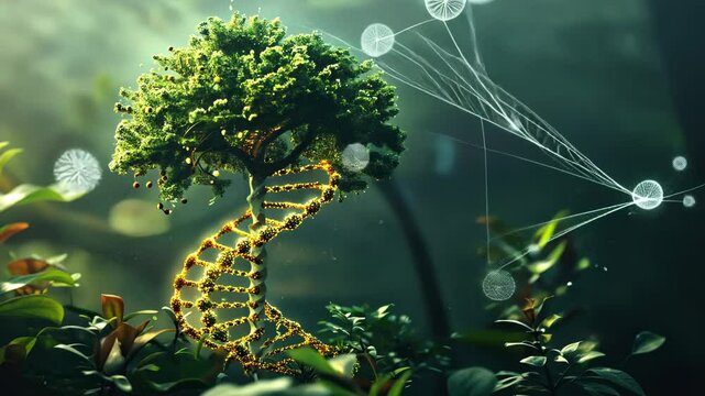 Genealogy and unity visualized as DNA transforms into a life tree, connecting all beings
