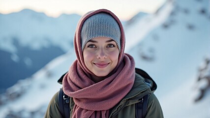 Smiling Woman in Snowy Mountains