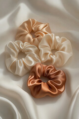 A product photography shot of silk scrunchies displayed on neutral background. The image features neutral warm tones, highlighting the luxurious, smooth texture of the silk. Perfect for lifestyle, bea