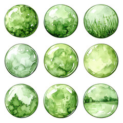 olive green round circle ring shape set of watercolor isolated on transparent background