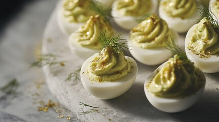 A high-end catering platter of avocado deviled eggs, garnished with fresh dill and edible gold leaf, against a neutral stone background