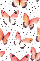 Seamless watercolor butterflies black dots pattern