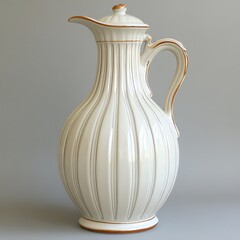 • A narrow ewer, fashioned from porcelain and featuring a subtle crane motif, rests upright on a luminous white surface. Balanced, shadow-free lighting brings out the ewer’s curved handle, gentle 