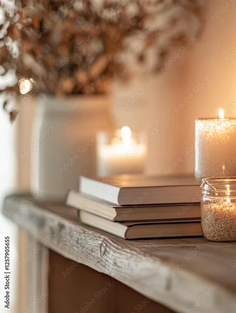 Poster Cozy stack of books on rustic wooden shelf with candles and decor in warm ambient lighting for inviting atmosphere. Generative AI