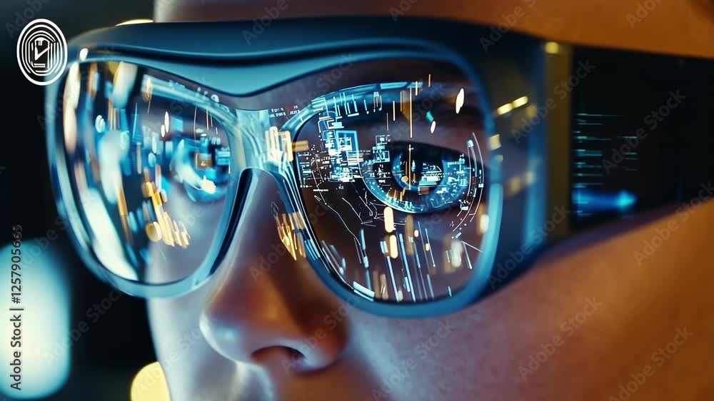 Poster close up of protective goggles reflecting intricate data streams and a futuristic interface, depicti