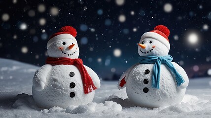 Obraz premium Snowmans on soft snow blue background
