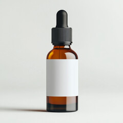 Mockup of cosmetic brown serum bottle with white label on front, front view
