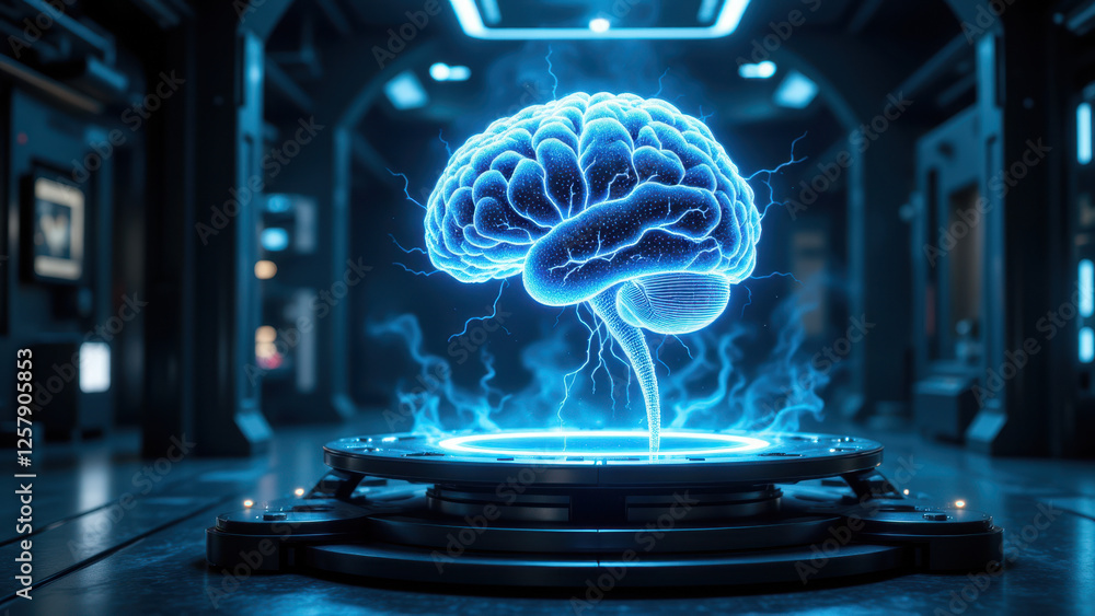 Poster high-tech ai concept with glowing human brain on futuristic device in sci-fi setting.