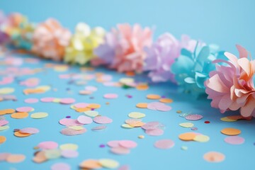 Obraz premium Subtle birthday party decorations with soft garlands and eco-friendly confetti scattered