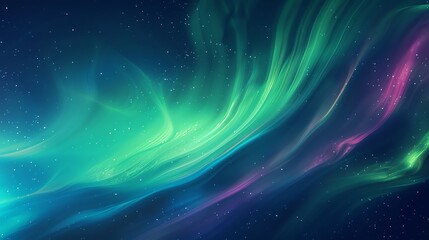Abstract aurora borealis with green and purple lights against a dark night sky with stars.