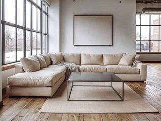 Fototapeta premium Modern minimalist interiors in residential living rooms with windows visible and sofas and coffee tables. Generative AI 