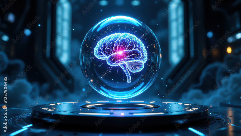Aufkleber ai-themed graphic with a glowing futuristic brain inside a floating orb on a digital platform.