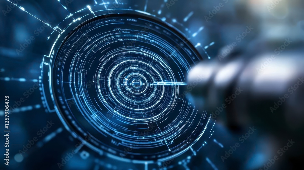 Poster close up view of a drill bit penetrating a circular display with intricate glowing lines and data po