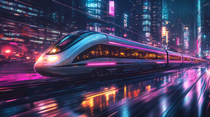 A futuristic high-speed train reflecting vibrant lights from skyscrapers and streets,