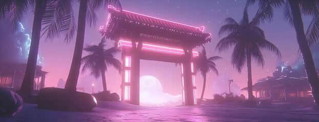 Neon archway, tropical beach, sunset