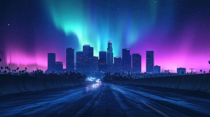 Fototapeta premium Surreal Los Angeles skyline under the aurora borealis, blending reality and fantasy